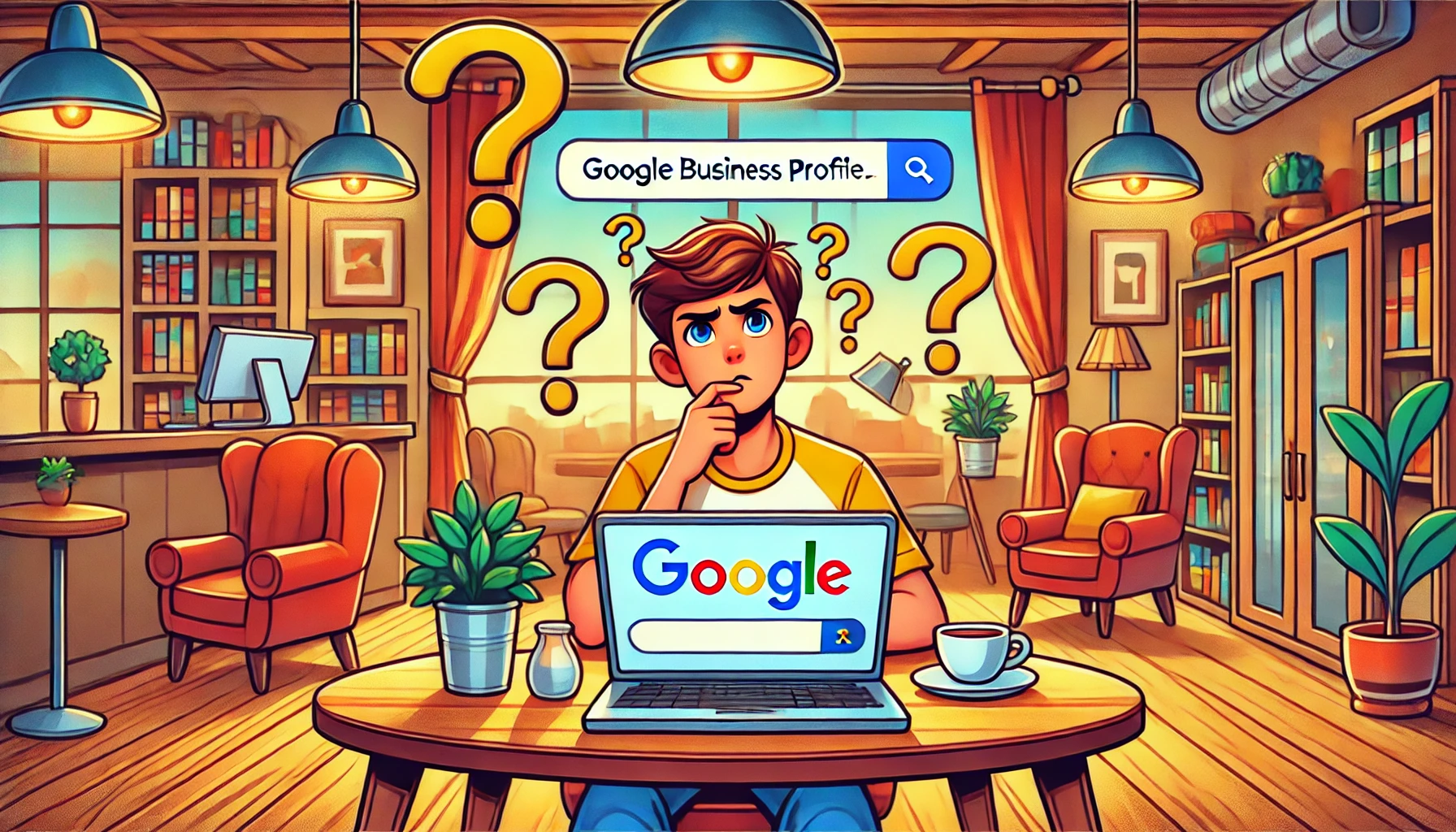 A vibrant, cartoon style digital illustration of a home office or café setting focused on online marketing. In the foreground, a confused young profes