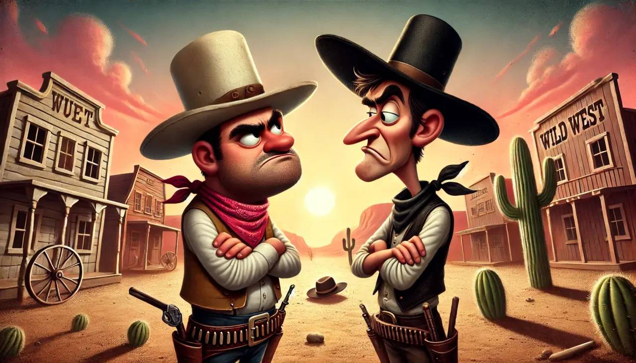 DALL·E 2024 07 26 12.20.48 A humorous scene of two cowboys standing opposite each other in a classic Wild West duel setting. One cowboy is wearing a white hat, and the other is