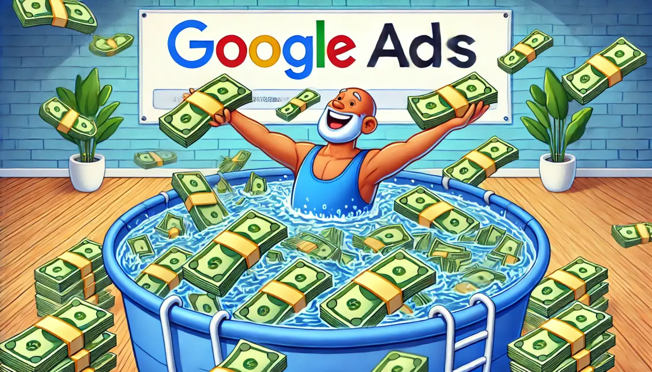 DALL&middot;E 2024 07 26 15.36.44   A humorous depiction of the benefits of having successful Google Ads campaigns, resulting in great wealth. The image shows a man swimming in a pool fi