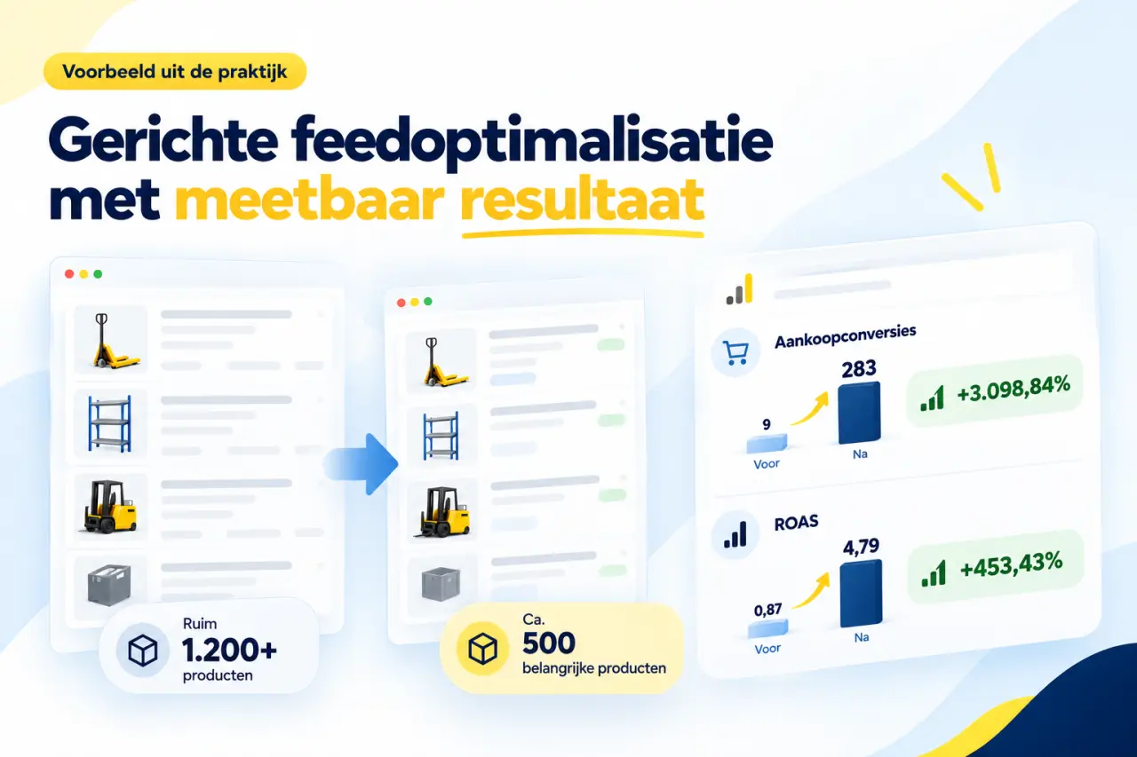 Feedoptimalisatie bij Tramag: van ruim 1.200 naar circa 500 belangrijke producten, met groei in aankoopconversies en ROAS.